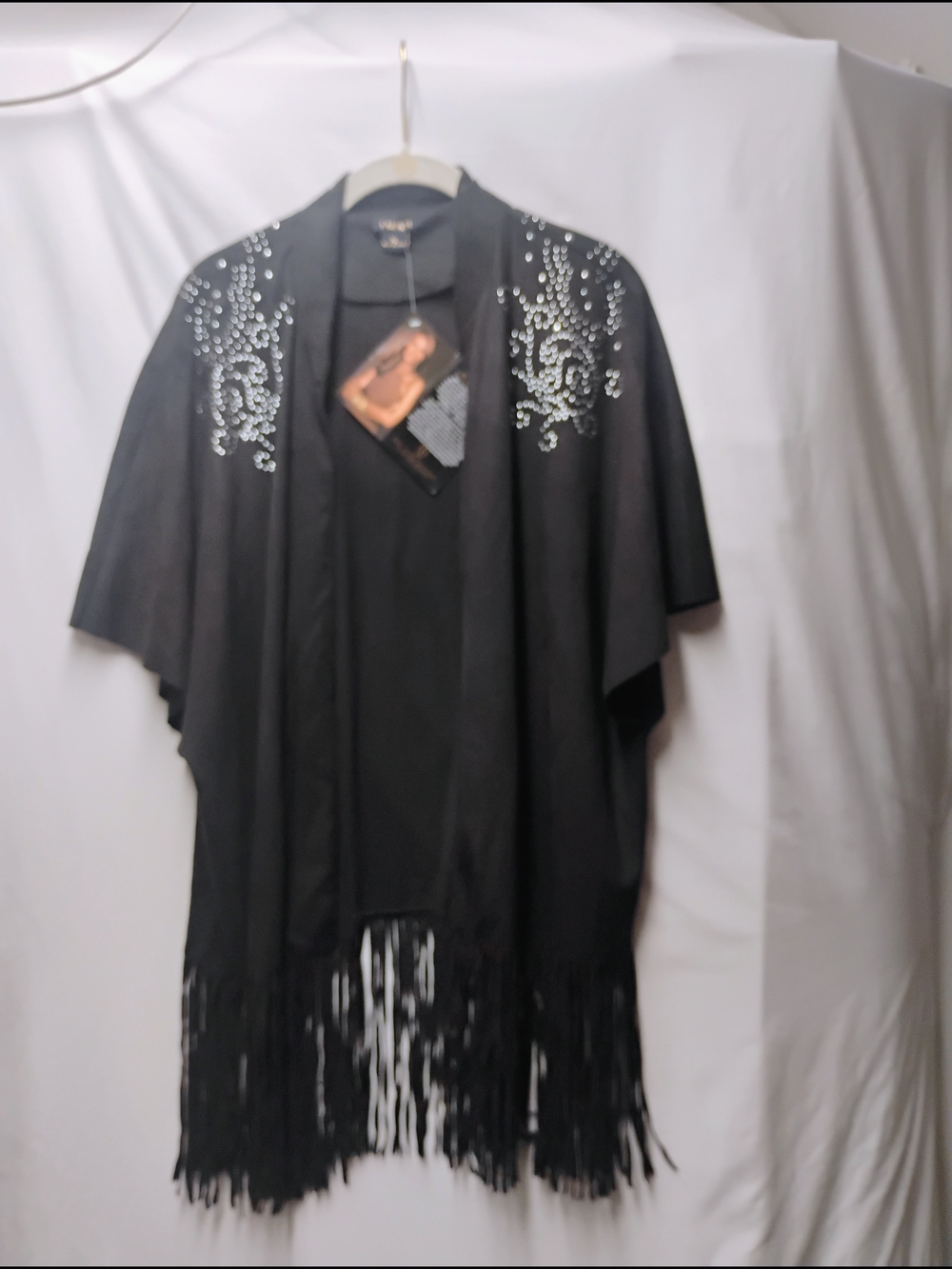 IMAN Black Fringe Open-Front Jacket with Rhinestone Shoulder Detail